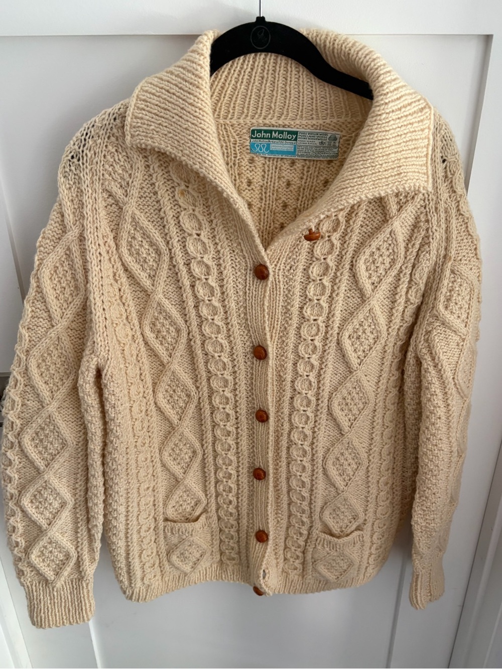 Vintage John Molloy 100% Wool Handmade Cable Knit Button-Up Cardigan Sweater